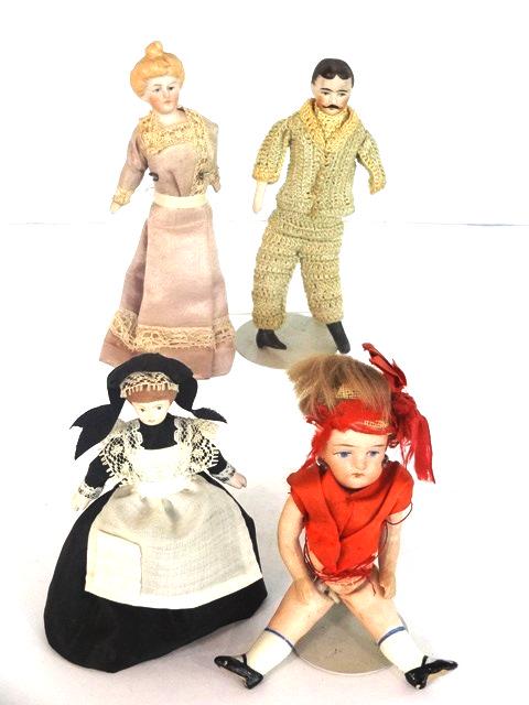 Antique Dollhouse Bisque Dolls: Antique blonde bisque doll with older redress 5"H, antique bisque gentleman in knit suit missing an arm 5"H, antique bisque jointed girl 5"H with worn clothing and hair needs restringing, vintage bisq