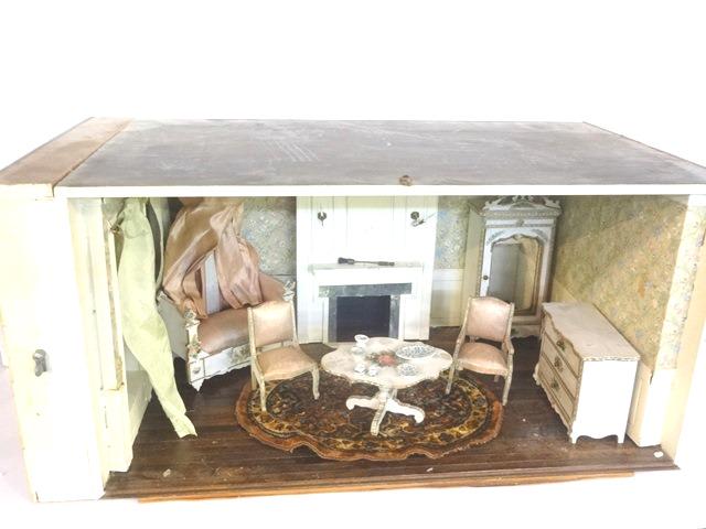 Vintage Dollhouse Room Box & Furniture: Vintage hand made room box 26"W, 14"D, 12"H with deep window seats, built in fireplace and wainscoting, vintage painted wood furniture decorated with die-cut paper flowers and Dresden trim include mir