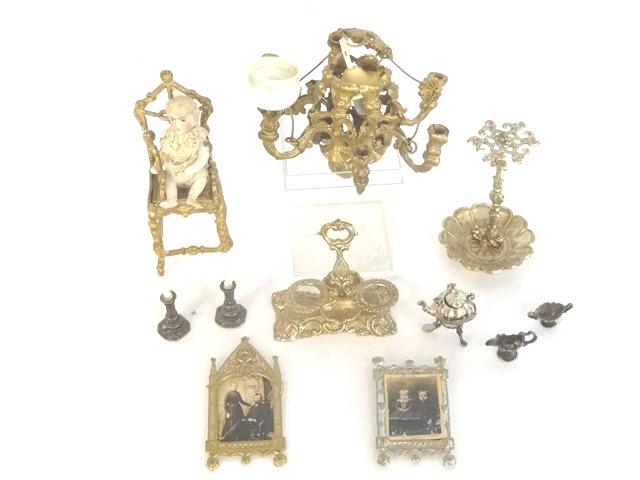 Antique Dollhouse Ormolu & Metal Accessories: Antique ormolu 6 socket chandelier as found with missing parts, cast metal high chair missing leg with bisque baby, cast metal condiment stand with bend, picture frames, umbrella stand, vintage silver
