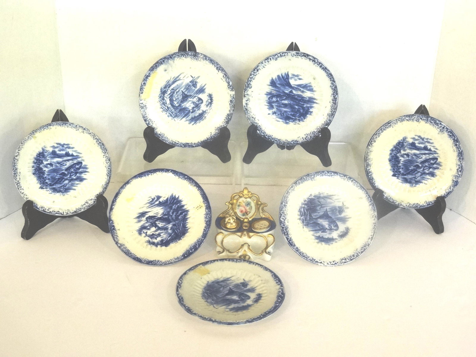 Antique Child's Standish & Fish Plates: Antique Continental hand painted porcelain child's writing set with removable covered inkwell and sander 3.25"W, group of 7 soft paste English Empire Works 5"D fish plates with 3 tight hairlines and a