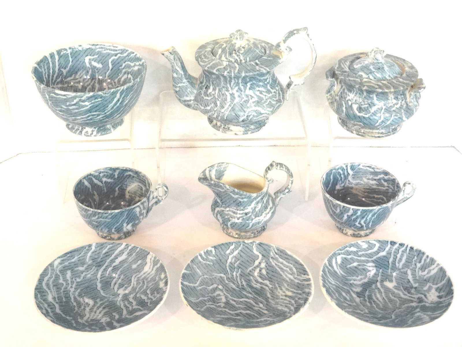 Antique Davenport Child's Tea Set: Antique Davenport English child's tea set with tea pot 6"L, sugar bowl with lid, creamer, deep bowl 4.5"D, 2 teacups and 3 saucers 4.5"D