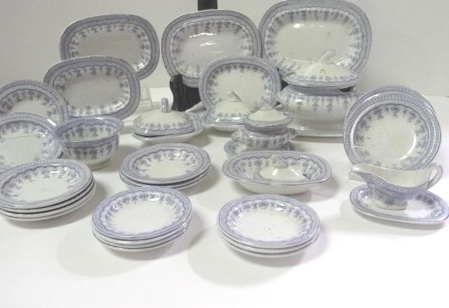 Antique Copeland Child's Dinner Service: Antique Copeland blue & white child's dinner service, tureen with large chip on platter with chips, small lidded tureen on tray 2.75"L with extra lid, gravy boat with rim chip on stand, deep bowl 2.5"