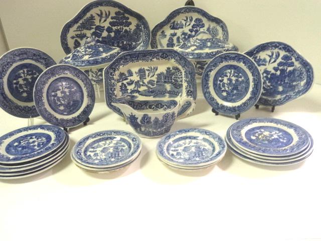 Blue Willow Child Dish Set: Antique Ridgeway & Co English child's dinner service in the Flying Turkey pattern, two covered tureens on under trays 6" and 7"L, gravy boat on under tray, 6 bowls 3.5"D including one with a hairline,