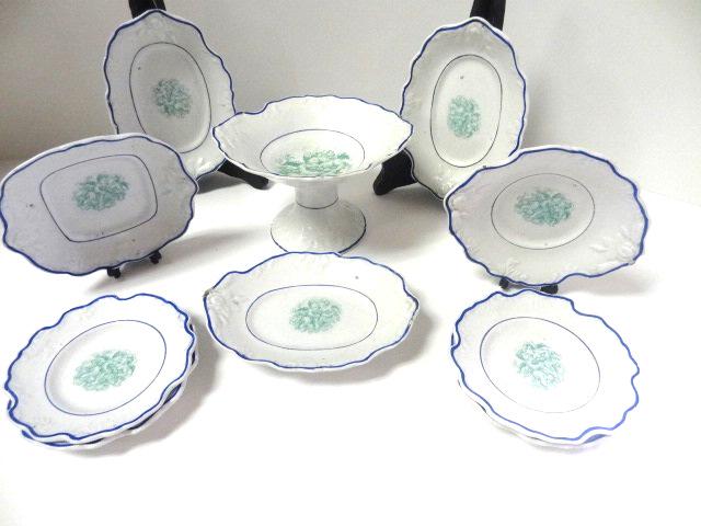 Antique English Angels Dishes: Antique English china with angels pattern, fruit bowl 5"W with rim chip, 4 plates 4"D with 1 hairline, rectangular bowl 3.75" by 4.25", round bowl with small rim chip 4.5"L, 2 shallow oval bowls 5"L w