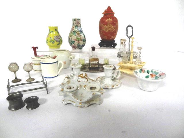 Vintage Dollhouse Accessories: Rococo ceramic writing stand with chipped inkwell 2"W and matching pair of chamber sticks with 1 damaged handle, pair of glass caster bottles on bone stand 1.5"W, hand painted dresser jar, Asian vases