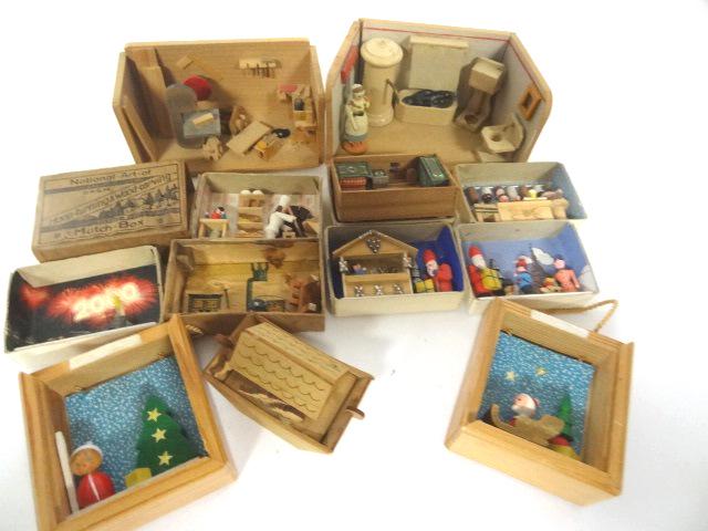 Wood Match Box Dioramas & Others: Group of 8 match box dioramas, pair of Spanish wood Christmas dioramas 2" square, wood working shop diorama 3.5"W and bathroom diorama 3.5"W, wood ark