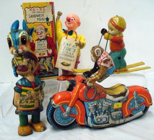 Tin Wind-up Toys: Tin Wind-up Toys, Chien Skier, Barnacle Bill, Sandwich Man ob, Motorcycle Monkey, Rabbit