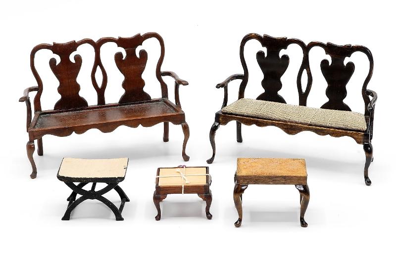 Virginia Merrill Settee & Others Dollhouse Miniatures: Virginia Merrill double splat settee with French polish 4.75"W has slip seat awaiting your choice of fabric, similar settee with low gloss finish by Jeanne and Wes Faurot is ready for upholstery, thre