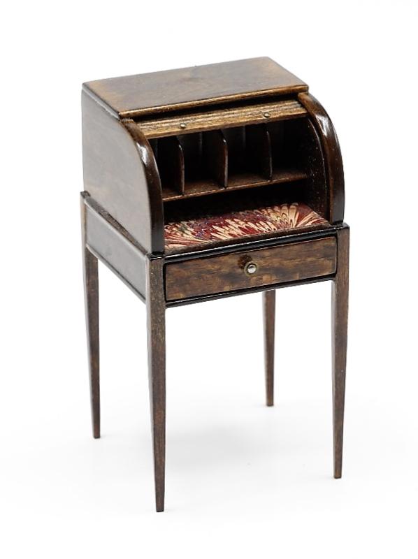 Virginia Merrill Roll Top Desk Dollhouse Miniature: Virginia Merrill mahogany roll top desk, roll top over cubby holes and writing surface, single drawer and straight tapered legs, beautiful French polish, 3.5"H, 1 7/8"W, 1 3/4"D, from the Virginia Mer