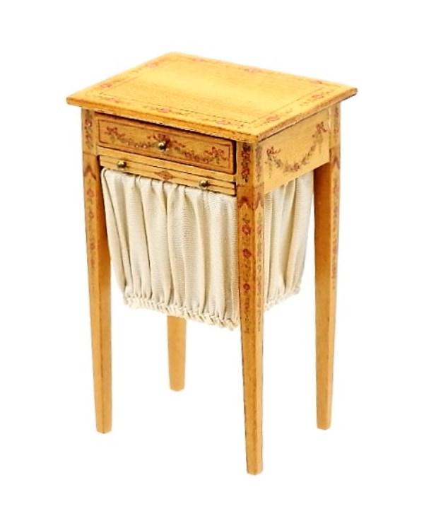 Emily Good Sewing Table Dollhouse Miniature: Emily Good Federal style sewing stand fainted with flowers and swags, single drawer over a pull out fabrics well, tapered straight legs 2 3/8"H, 1.5"W, 1.25"D, from the Virginia Merrill collection