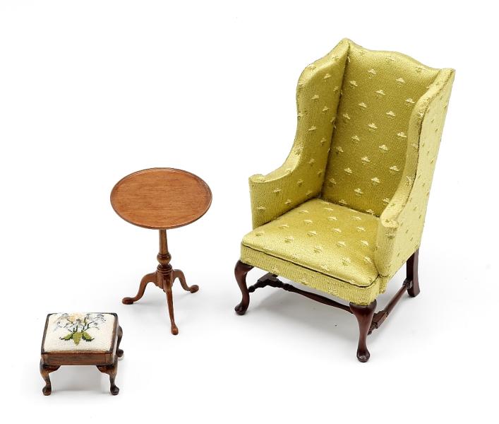 Runyon Wing Chair & Table Dollhouse Miniatures: Unsigned Queen Ann style wing chair in the style of Paul Runyon with mahogany cabriole legs and stretchers 3.75"H, Runyon beautifully made mahogany tilt top candle stand with round dished top, turned 