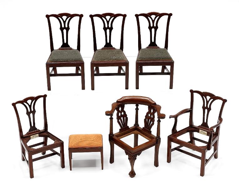 Runyon & Dew Chairs Dollhouse Miniatures: Paul Runyon mahogany Chippendale armchair 3 1/8"H with four matching side chairs, mahogany stool 1.5"W, also a beautifully made H. Dew mahogany corner chair with well carved pierced splat and carved c