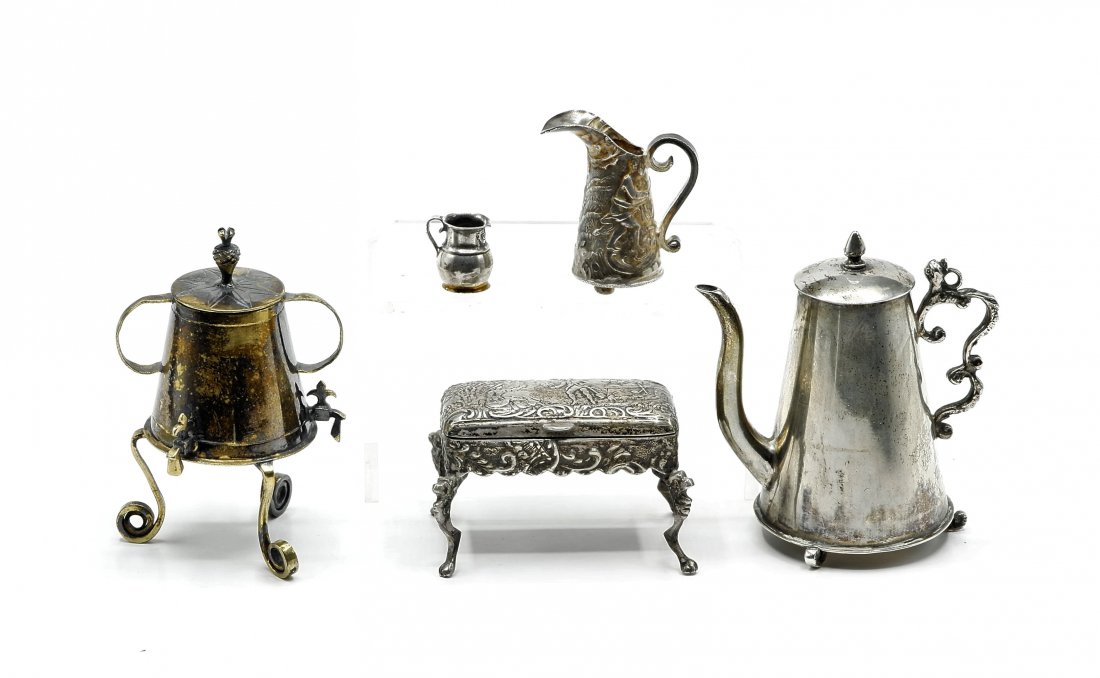 Continental Silver Dollhouse Miniatures: Dutch teapot with cast rococo handle 2.75"H, .800 bench with repousse courting scene 2"W, cistern on stand with continental hallmark 2.75"H, sterling pitcher with repousse cherubs 1 3/8"H, small sterl