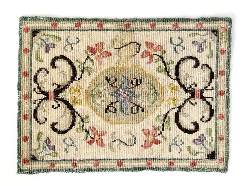 Goelin Rug Dollhouse Miniature: Handmade Goelin needlework rug 5.25" by 7.25", featured in the book "Needlework In Miniature" by Virginia Merrill and Jean Jessop, from the collection of Virginia Merrill