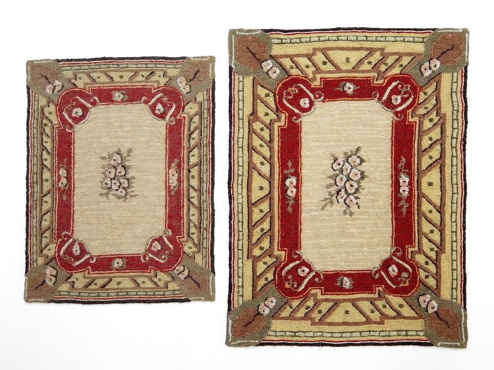 Two Aubusson Rugs Dollhouse Miniatures: Two needlepoint rug in a Aubusson style, 7" by 9.25" and 9" by 12", from the Virginia Merrill collection