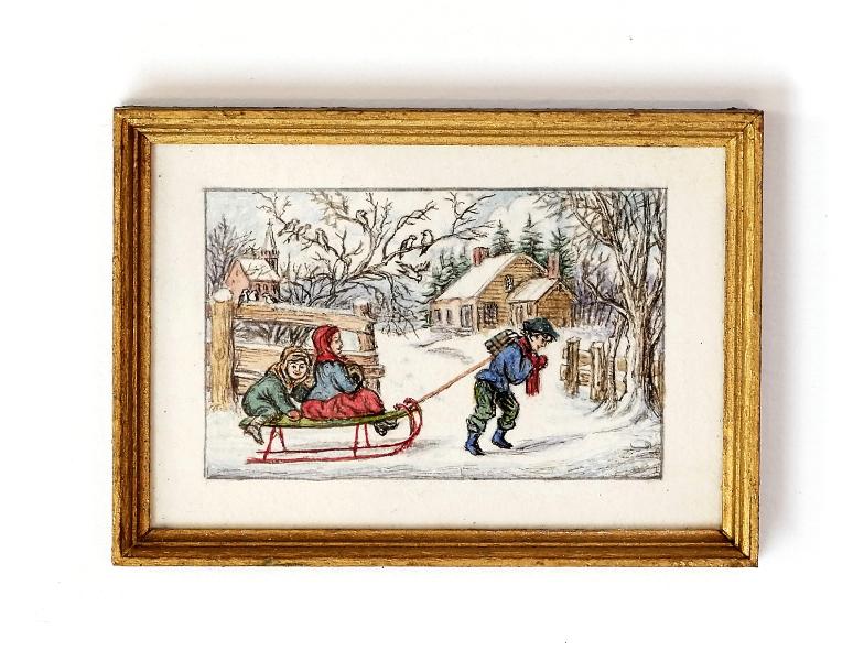 Marjorie Adams Currier & Ives Dollhouse Miniature: Marjorie Adams hand painted watercolor and ink miniature of the Currier & Ives print "A Ride To School", signed and dated 9-83 on reverse, 1 5/8" by 2 3/8", from the Virginia Merrill collection