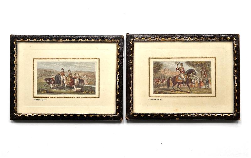 Pair Antique English Prints Dollhouse Miniatures: Pair of English hand colored prints nicely mounted on mats signed Baxter Print, housed in leather easel back frames with gold tooling, label on reverse reads "Edwards & Sons, [of Regent St.] Ltd. By A