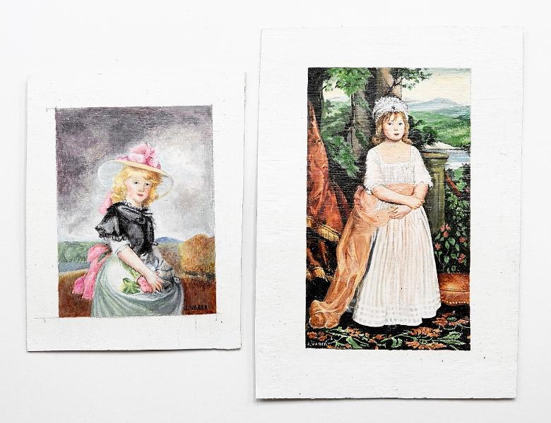 Two Joan Vaber Oil Paintings Dollhouse Miniatures: Joan Vaber oil paintings on cardboard, 1979 painting after "Elizabeth, The Artist's daughter by John Singleton Copley 1776-77", image size 1.75" by 3", 1979 painting after "The Princess Sophia by John