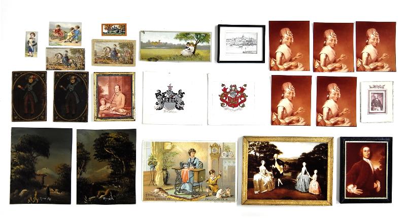 Assorted Dollhouse Artwork Miniatures: Pair of antique lacquered game pieces of a gentleman holding his cane 1 5/8" by 2 3/8", group of antique small unframed colorful prints, two vintage etchings, sewing machine trade card, two hand paint