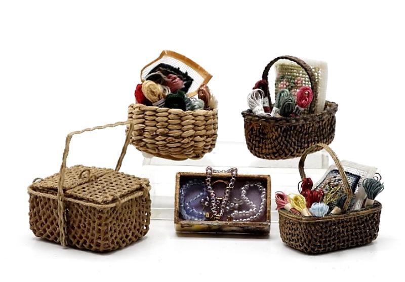 Miniature Petit Point Sewing Baskets Dollhouse: Nice group of three artisan small woven sewing baskets each with a tiny petit point needlework 1"L, also a woven double lid picnic basket, all from the Virginia Merrill collection