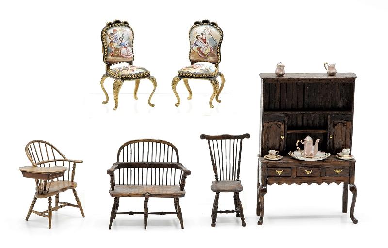 1/2" Scale Dollhouse Furniture & Accessories Miniatures: Pair of antique French ormolu side chairs with painted porcelain upholstery 1 7/8"H shown in the book "The Complete Book Of Making Miniatures" by Thelma R. Newman and Virginia Merrill, Edward Norton m