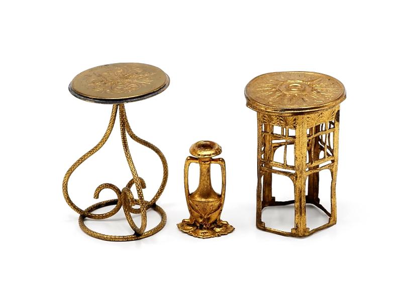 Ormolu Tables & Vase Dollhouse Miniatures: Antique ormolu table with floral decorated top and polygon base 1.75"D, 2 3/8"H with minor bends, ormolu table with round scroll decoration on a wire base 2 5/8"H, ormolu double handle vase 1.5"H