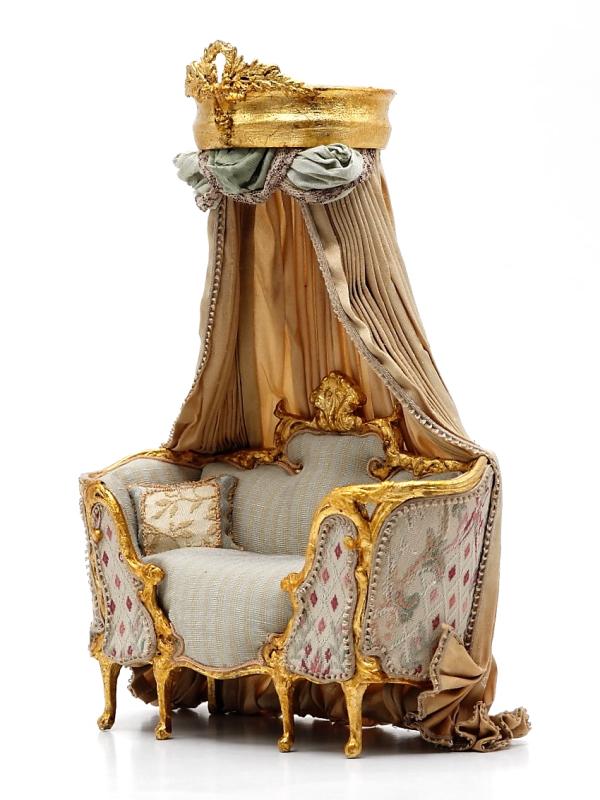June Clinkscales Royalty Daybed Dollhouse Miniature: June Clinkscales upholstered rococo daybed with draped canopy 6.25"W, 8 5/8"H, 2.75"D