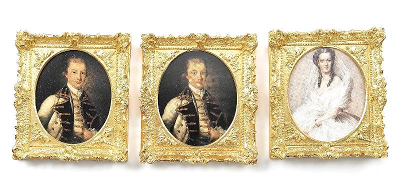 Three John Hodgson Picture Frames Dollhouse Miniatures: John Hodgson solid brass rococo picture frame with shell, scroll and leaf decoration housing a print of Sir George Boynton after the painting by Francis Cotes 1726 - 1770, pair of Hodgson cast resin r