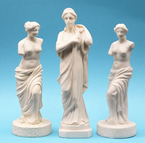 Miniature Alabaster Statue, Goebels & Others: Italian alabaster statue 6"H, two cast resin nude statues by Xtra 5.25"H, vintage Goebels boy figurine 4"H, vintage Goebels angel with manger