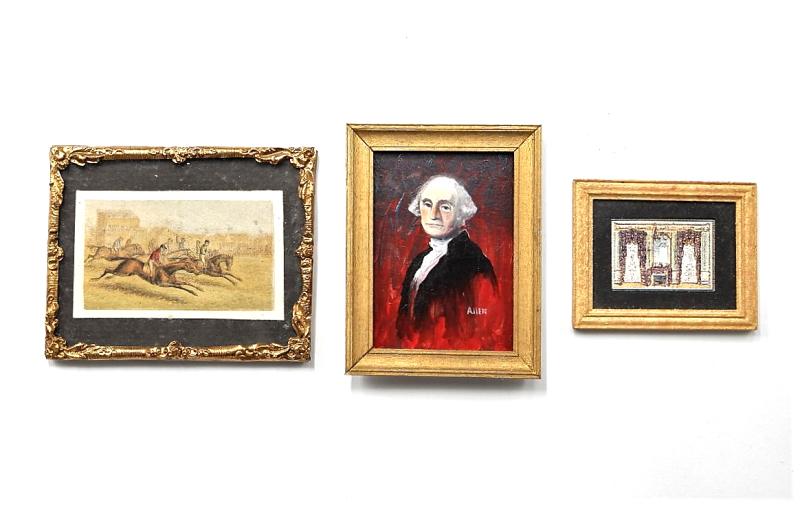 Small Dollhouse Pictures Miniatures: Antique ormolu frame with a vintage English Baxter print 2" by 2.5", E.W. Allen hand painted portrait of George Washington in a wood frame 1.75" by 2 3/8", McBay framed print 1 3/8" by 1.75"