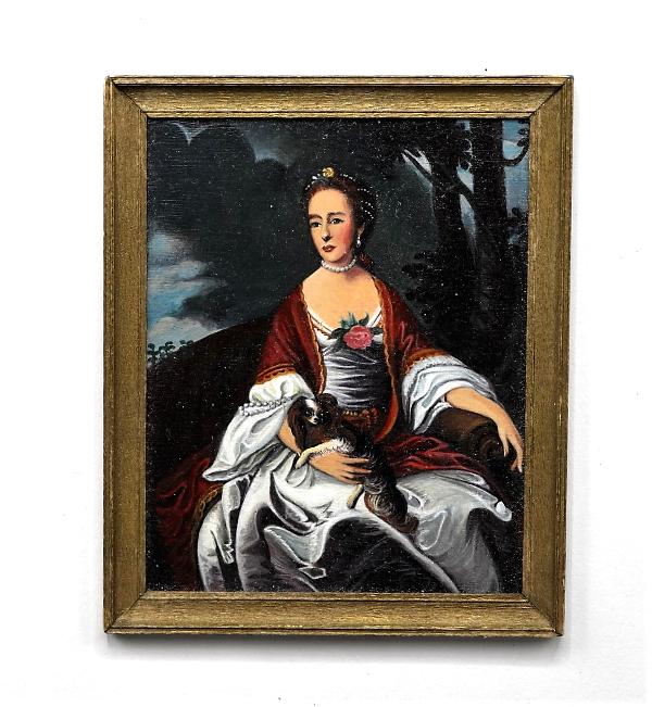 Patti Ray Guckes - Copley Portrait Miniature: Patti Ray Guckes hand painted portrait of Mrs. Jerathmael Bowers holding a spaniel in her lap after the original by John Singleton Copley in the Metropolitan Museum 2.75" by 3.25"