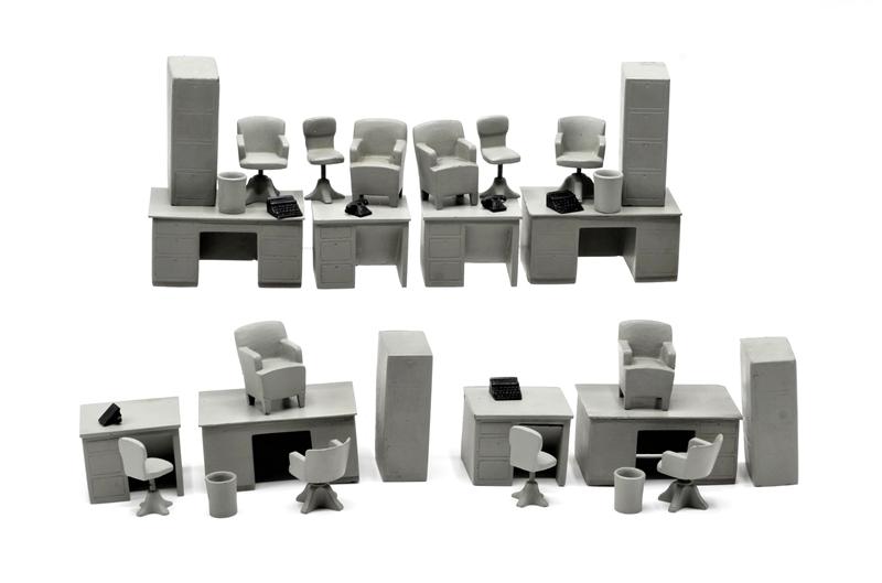 Vintage 1/2 Scale Metal Office Furniture: Four sets of vintage painted lead 1/2 scale office furniture includes desks, filing cabinets and chairs