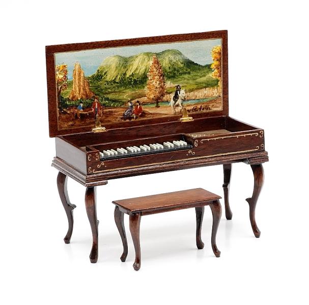 Ralph Partelow Piano Dollhouse Miniature: Ralph Partelow mahogany 18th century style French piano with matching bench, case with gold painted scrollwork, piano wires and a hand painted landscape under the lid by Johnathan Partelow, 5"W, 3"H, 