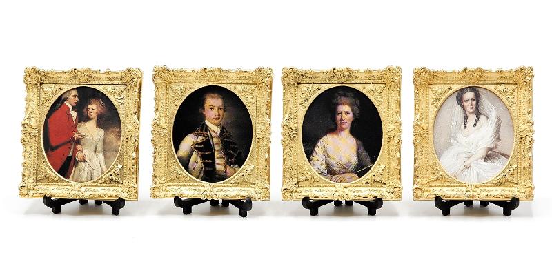 Four Hodgson Picture Frames Dollhouse Miniatures: Four John Hodgson ornate cast resin picture frames with prints of famous portraits including Sir Christopher & Lady Sykes by George Romney, Sir Griffith Boynton by Francis Cotes, Princess Alexandra by