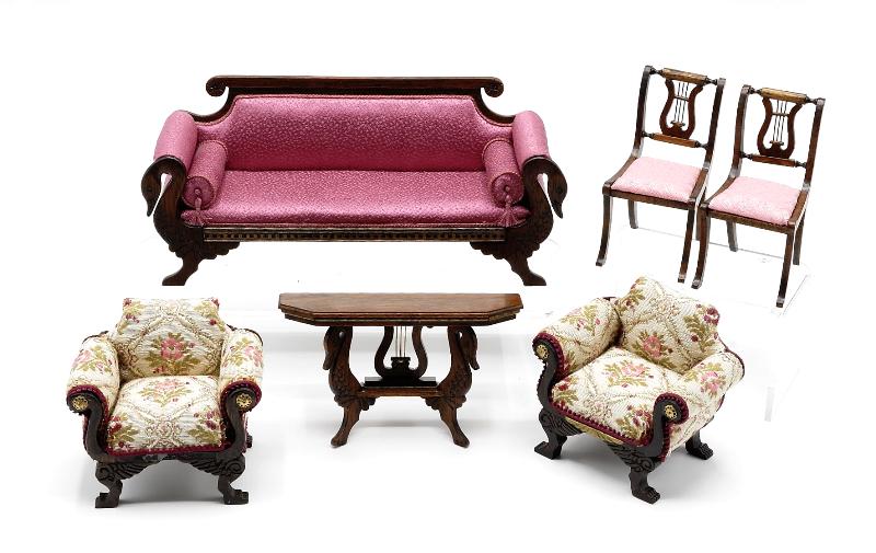 Sanford & Ince Parlor Furniture Dollhouse Miniatures: Bonnie Sanford Neo-classical style mahogany sofa with swan carved legs, carved ears on backrest and inlaid dentil molding on skirt 7.25"L, 3 1/8"H, 2"D with a matching swan leg, lyre back console tabl