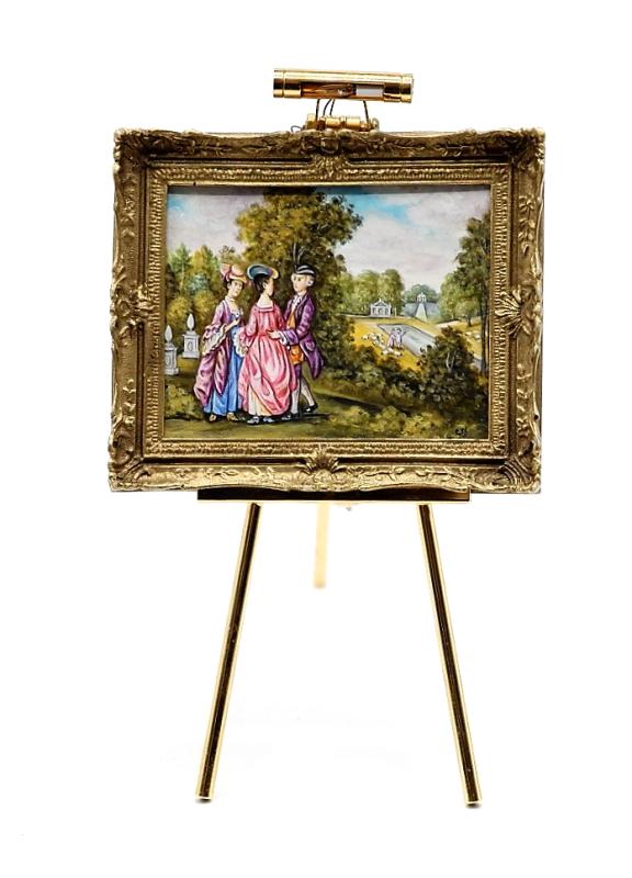 Whitford Oil Painting Dollhouse Miniature: Christopher Whitford hand painted "High Society" painting featuring three 18th century revelers in the foreground, in the background are a flock of sheep and herder grazing by a pool and folly, housed