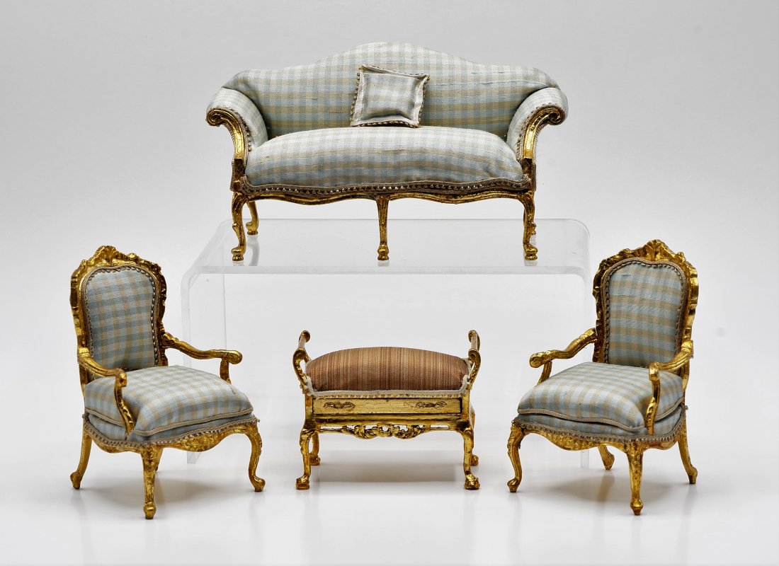 June Clinkscales Parlor Furniture Dollhouse Miniatures: June Clinkscales three piece matching parlor set, pair of gold leaf decorated fauteuil armchairs with gingham upholstery 3 5/8"H, matching camel back loveseat with rolled arms 5.75"L, also a gold leaf