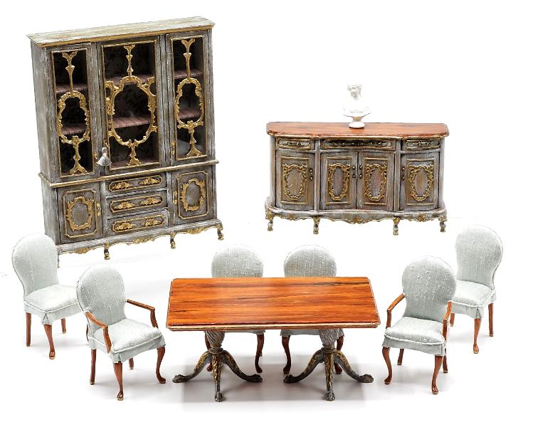 June Clinkscales Dining Room Furniture Dollhouse: June Clinkscales painted dining room furniture includes a china cabinet 6"W, 7.25"H, sideboard 6"W, table 6"W, 3.5"W, 2 5/8"H, two armchairs 3.5"H and four matching side chairs