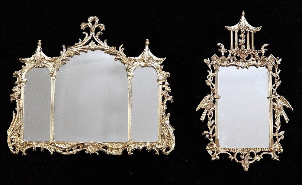Two Lucy Askew Mirrors Dollhouse Miniatures: Two Lucy Askew cast metal mirrors in the Chinese Chippendale style, birdcage mirror 2.5" by 4.25", triple mirror 3.75" by 4.25"