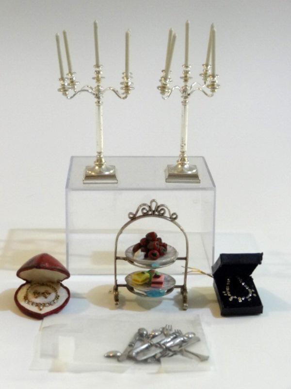 Enrique Quintanar Sterling Dessert Stand & Other: Enrique Quintanar sterling silver dessert stand with two artisan plates 1.5"H, unsigned Onslow pattern silver flatware, also a pair of five socket silver-plate candelabras 2.25"H, unsigned leather jew