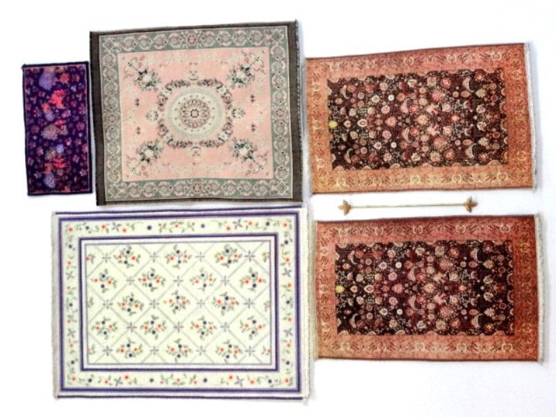 Five Kershiskian & French Dollhouse Carpet Miniatures: Four Kershishian dollhouse carpets, petit point style 9" by 12", pair of Agra 6" by 10", custom tapestry 3.25" by 6.25", also a French cotton Aubusson style carpet 8 1/8" by 9.75"