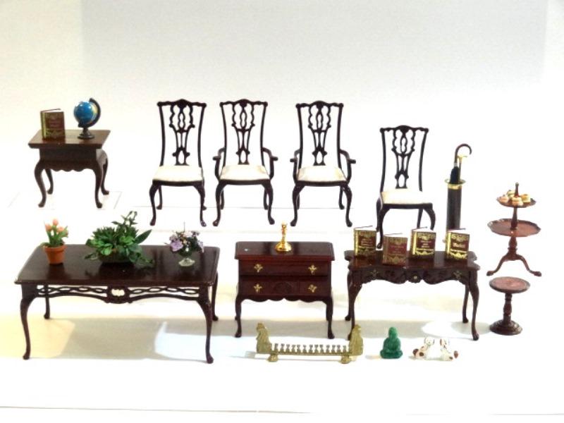 Dollhouse Commercial Miniatures: Commercial dining room table 5.75"W with four chairs, single drawer console table and a low boy dresser, Sonia Messer mahogany side table, round side table with leather inset top 1.5"H, umbrella stand