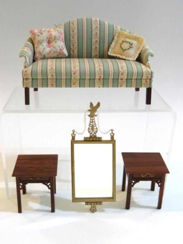 Ruff Sofa & Crawford Tables Dollhouse Miniatures: Upholstered sofa by d Anne Ruff 5.75"W, pair of Crawford mahogany Chinese Chippendale style single drawer side tables 1.75" square by 2"H, unsigned Federal style mirror with eagle finial and beaded sw