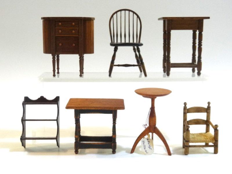 Artisan Small Furniture Dollhouse Miniatures: George Hoffman New England style candle stand 2.5"H, Don Cnossen mahogany Martha Washington style sewing stand with three graduated drawers and two hinged fabric wells 2.5"W, 2.5"H, Bearly Big Enough