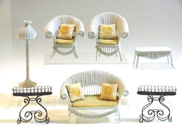 Country Pleasures Wicker Furniture Dollhouse Miniatures: White wicker set purchased from Country Pleasures in Essex Conn., settee 5.5"W, armchair 3.5"H, rocking chair, coffee table 3"W, floor lamp 5.5"H, also includes a pair of Leslie Gorman wire plant stan