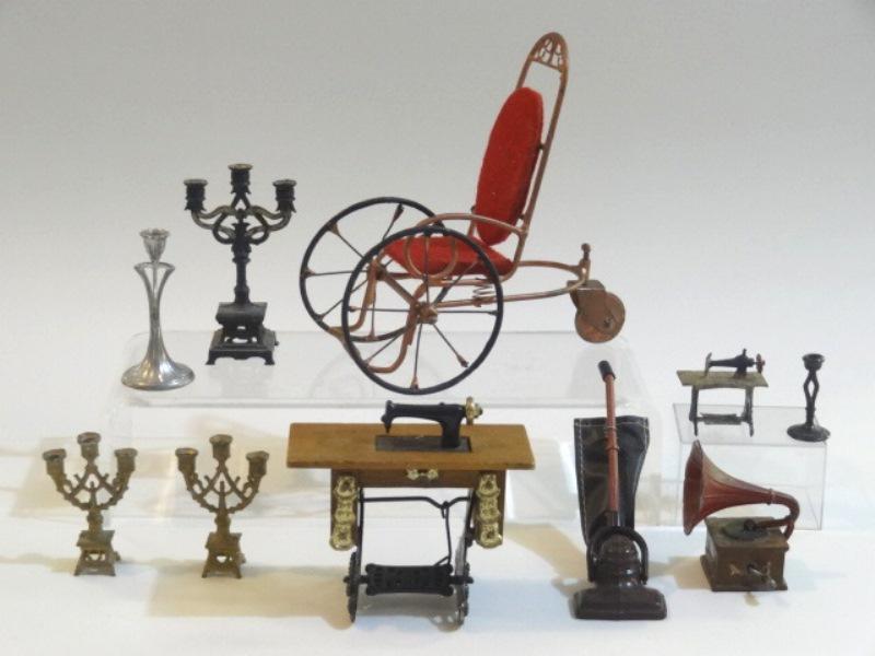 Antique Dollhouse Metal Accessories Miniatures: Nice group of painted soft metal accessories, record player with horn has hand cranked internal noisemaker 2"H, vacuum cleaner signed British England, black candelabra 3"H, pair of gold candelabras 2"