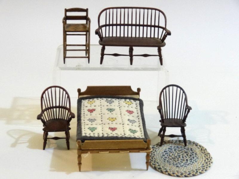 Clinger & Gill 1/2" Scale Furniture Dollhouse: William Clinger 1/2" scale pair of Windsor continuous arm chairs 1.75"H and a sack back Windsor bench 2 3/8"L, Beth Gill low post rope bed 3"L, 2"W, 1.25"H and highchair 1 5/8"H, artisan round rug sig