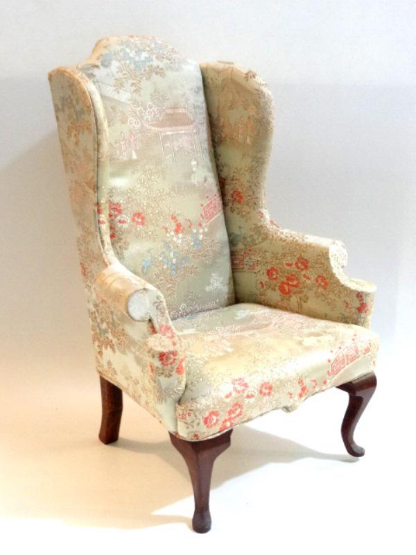 Robert Bernhard 3" Scale Wing Chair Doll Miniature: Vintage Robert Bernhard Queen Ann style wing chair upholstered in silk after an original in the Philadelphia Museum Of Art, 12.5"H, 8.75"W, 6.5"D