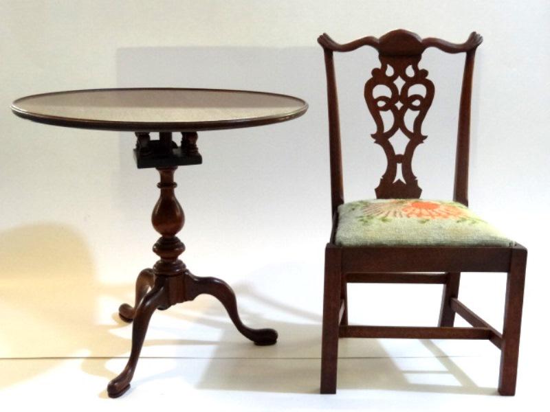 Fred Laughton 3" Scale Chair & Tea Table Doll Sized: Fred Laughton mahogany tea table with a dished top on a bird cage support, turned column and cabriole legs 10 7/8"W, 10.25"H, Laughton Chippendale side chair with pierced splat, slip seat and straight