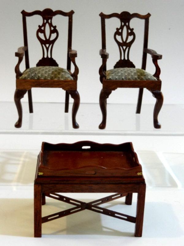 Pair Steffey Covered Chippendale Chairs & Jenvey Table: Pair of Gail Steffey mahogany Chippendale style side chairs with silk seats 3.25"H, Dennis Jenvey mahogany Chinese Chippendale style coffee table with removable tray top 2.75"W